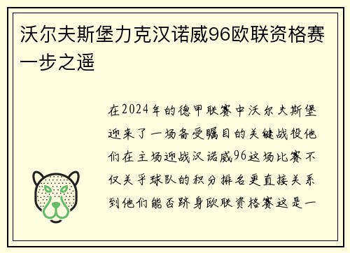 沃尔夫斯堡力克汉诺威96欧联资格赛一步之遥
